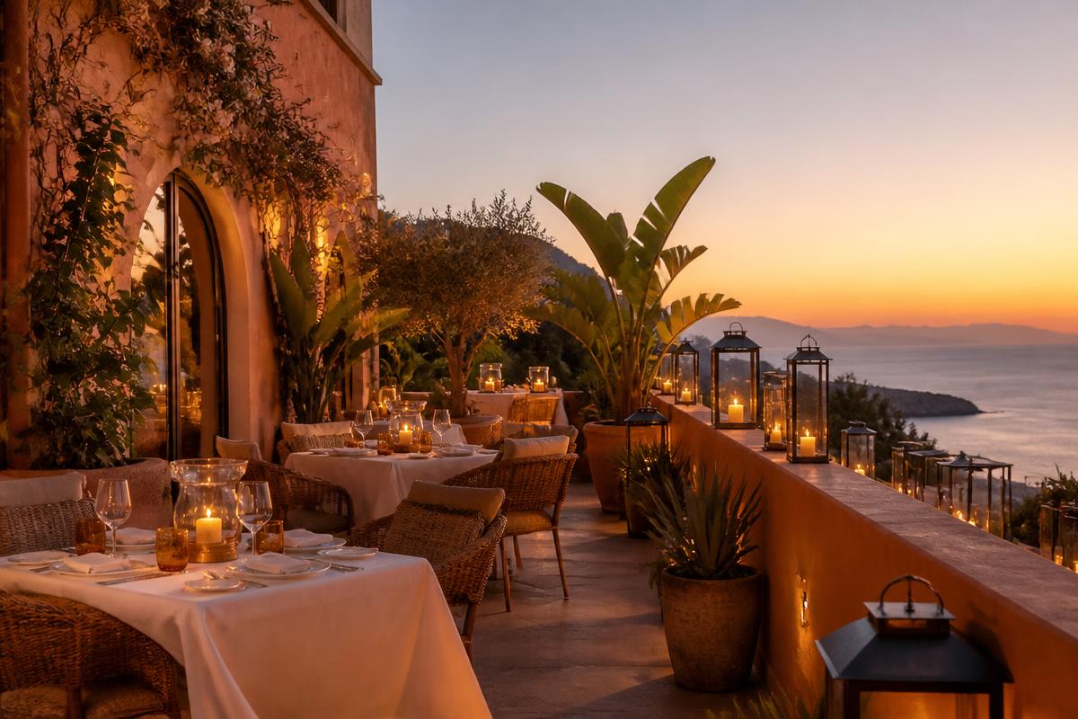 CASAVANDA outdoor dining terrace at sunset